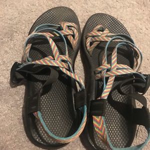 Rainbow striped Chaco sandals